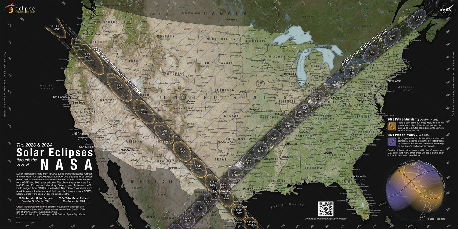 Map showing path of October 14, 2022 annular solar eclipse and April 8, 2024 total solar eclipse