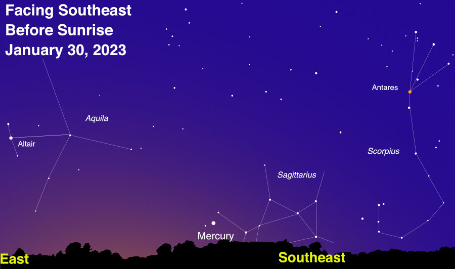Sky chart showing Mercury in the morning sky on January 30, 2023